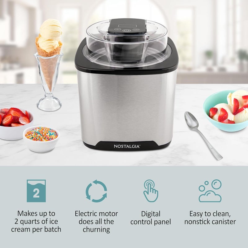 Nostalgia 2-Quart Electric Ice Cream Maker – Make Homemade Ice Cream, Gelato, Sorbet & Frozen Yogurt – No Salt/Ice Needed, Digital Controls, Mix-In Chute & Freezing Gel Canister – Stainless Steel - Image 3